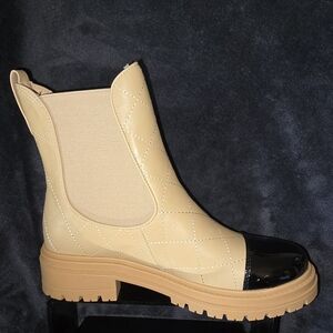 Quilted Beige Chelsea Ankle Boot with Black Patent Cap Toe